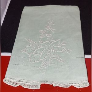 Vintage Cotton Hand Towel Linen Embroidered Pastel Mint Green Lace Bottom